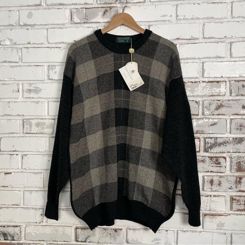Vintage Lyle & Scott Men Lambs Wool Plaid Charcoal Grey Black Crew Neck Sweater